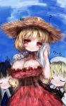  ? aki_minoriko alternate_headwear amii black_hair blonde_hair bow breasts cleavage closed_eyes drill_hair eyes_closed hair_bow hat highres hot invisible large_breasts luna_child multiple_girls red_eyes short_hair smelling star_sapphire straw_hat sunny_milk sweat touhou towel twintails wiping_sweat 