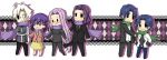  2girls 4boys ahoge argyle argyle_background berserker_(fate/zero) blue_hair chibi fate/zero fate_(series) formal grey_hair matou_byakuya matou_kariya matou_sakura matou_shinji multiple_boys multiple_girls purple_hair ribbon rider scarf shared_scarf skirt suit yaya-9_(ximsol) 