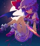  bat_wings blue_hair corset floating full_moon hat highres light_trail looking_at_viewer moon puffy_sleeves red_eyes reia remilia_scarlet shoes short_hair short_sleeves smile socks solo touhou white_legwear wings 