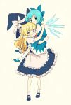  apron blonde_hair blue_eyes blue_hair blush bow carrying cirno gomimushi hair_bow hat hat_bow hug ice ice_wings kirisame_marisa long_hair multiple_girls open_mouth puffy_sleeves short_hair short_sleeves touhou white_background wings witch_hat yellow_eyes 