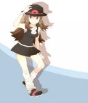  1girl alternate_color blue_(pokemon) blue_(pokemon)_(classic) brown_eyes brown_hair hat holding long_hair pokemon pokemon_(game) pokemon_frlg pokemon_rgby porkpie_hat pumpkinpan skirt smile solo standing_on_one_leg 