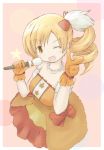 bare_shoulders blonde_hair dress drill_hair gloves gseeddjp hair_ornament idol mahou_shoujo_madoka_magica microphone open_mouth pearl_necklace smile solo tomoe_mami wink yellow_eyes 