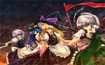  apron black_gloves blonde_hair blue_hair bow braid dark_sky fingerless_gloves food fruit gloves green_eyes grin hair_ribbon hat hat_ribbon highres hinanawi_tenshi izayoi_sakuya katana kirisame_marisa knife konpaku_youmu long_hair maid maid_headdress multiple_girls nekominase peach puffy_sleeves red_eyes ribbon shirt short_hair short_sleeves silver_hair skirt skirt_set smile sword touhou vest waist_apron weapon wind witch_hat 