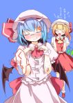  :d ^_^ anger_vein angry ascot blonde_hair blue_background blue_hair blush breast_envy closed_eyes culter eyes_closed flandre_scarlet hat hat_ribbon highres multiple_girls open_mouth partially_translated remilia_scarlet ribbon smile touhou translation_request wings wrist_cuffs 