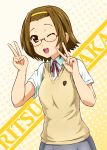  ;d bespectacled blush brown_eyes brown_hair character_name diesel-turbo double_v dress_shirt glasses hairband k-on! open_mouth ore_no_imouto_ga_konna_ni_kawaii_wake_ga_nai red_ribbon ribbon satou_satomi school_uniform seiyuu_connection shirt short_hair short_sleeves skirt smile solo sweater_vest tainaka_ritsu tamura_manami tamura_manami_(cosplay) v wink 