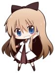  blonde_hair blue_eyes blush bow chibi hair_bow long_hair open_mouth satsuki_mei_(sakuramochi) school_uniform serafuku smile solo toshinou_kyouko white_background yuru_yuri 