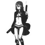  anonymous_drawfag asagiri_asagi bikini_top black_rock_shooter black_rock_shooter_(character) black_rock_shooter_(cosplay) boots breasts cleavage cosplay disgaea dual_wielding gun hair_ornament hairclip highres knee_boots long_coat monochrome mound_of_venus navel nippon_ichi pistol prinny_can_i_really_be_the_hero? reverse_trap short_hair short_shorts shorts smoke smoking_gun solo weapon 