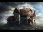  cloud clouds highres house letterboxed no_humans original ruins scenery seafh sky water 
