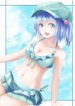  alternate_costume blue_eyes blue_hair blue_swimsuit breasts canae0 cleavage cloudy_sky duplicate hair_bobbles hair_ornament hat highres kawashiro_nitori navel open_mouth short_hair smile solo swimsuit touhou twintails 