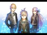  2boys ahoge black_hair blue_eyes braid brown_hair dangan-ronpa dangan_ronpa glasses green_eyes jacket kirigiri_kyouko kitsunen_(kitune_n) kitunen letterboxed multiple_boys naegi_makoto necktie purple_eyes purple_hair school_uniform skirt togami_byakuya violet_eyes 