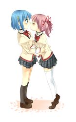  blue_eyes blue_hair blush bow closed_eyes dddoochi1 eyes_closed hair_ornament hair_ribbon hairclip incipient_kiss kaname_madoka mahou_shoujo_madoka_magica miki_sayaka multiple_girls pink_hair plaid plaid_skirt ribbon school_uniform short_hair short_twintails skirt thigh-highs thighhighs tiptoes twintails yuri zettai_ryouiki 