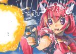 2012 antenna_hair bow casing_ejection choker cure_happy dated firing gun hair_ornament hoshizora_miyuki inoue_sora long_hair magical_girl muzzle_flash open_mouth out_of_character pink_eyes pink_hair pistol precure shell_casing signature smile smile_precure! solo tiara twintails weapon 