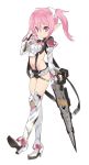  armor bikini_armor blade_(lovewn) boots gunblade high_heels midriff navel neighbor_quartz petite phantasy_star phantasy_star_online_2 pink_eyes pink_hair pointy_ears shoes simple_background smile solo sword thigh-highs thigh_boots thighhighs twintails weapon white_background 