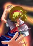  1girl alice_margatroid ascot blonde_hair blue_eyes capelet glowing glowing_eyes hairband harusame_(unmei_no_ikasumi) puffy_sleeves short_hair short_sleeves smile solo string touhou 