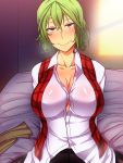  1girl arms_behind_back bed blush breasts cleavage collarbone dress_shirt green_hair highres huge_breasts kazami_yuuka killing_smile large_breasts looking_at_viewer messy_hair open_clothes open_shirt pantyhose plaid plaid_vest red_eyes shirt short_hair sitting smile solo touhou vest 