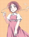  1girl :o blush brown_hair child cigarette dress earrings flat_chest looking_away open_mouth plaid_background sakuraba_tsukasa short_hair smoking solo standing to_aru_kagaku_no_railgun to_aru_majutsu_no_index tsukuyomi_komoe 