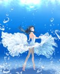  barefoot black_hair blue_eyes bubble daikichi_maru dress feet highres long_hair original smile soles solo underwater walking water 