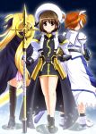  armor bardiche blonde_hair blue_eyes brown_hair cape diesel-turbo fate_testarossa fingerless_gloves gloves hair_ribbon hat lyrical_nanoha mahou_shoujo_lyrical_nanoha mahou_shoujo_lyrical_nanoha_a&#039;s mahou_shoujo_lyrical_nanoha_a's mahou_shoujo_lyrical_nanoha_the_movie_2nd_a&#039;s mahou_shoujo_lyrical_nanoha_the_movie_2nd_a's multiple_girls puffy_sleeves raising_heart ribbon schwertkreuz short_twintails skirt sky star_(sky) starry_sky takamachi_nanoha thigh-highs thighhighs tome_of_the_night_sky twintails yagami_hayate 