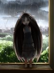  :d antenna_hair arms_behind_back barefoot black_dress black_hair blush brown_eyes cloud clouds cockroach dress gokicha gokicha_(character) insect long_hair looking_at_viewer minamito open_mouth personification rain smile tree very_long_hair water_drop window 