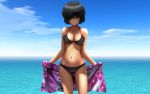  1girl bikini black_hair blue_eyes nazo_no_kanojo_x photoshop realistic short_hair siraha sky solo swimsuit tan_lines urabe_mikoto water 