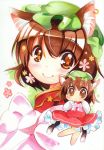  animal_ears blush bow brown_eyes brown_hair bust cat_ears chen chibi face hat jewelry marker_(medium) short_hair single_earring solo takamoto_akisa touhou traditional_media 