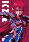  agahari armor bodysuit character_name fingerless_gloves gloves iczer-2 iczer_(series) long_hair pointy_ears red red_background red_eyes red_hair redhead solo tatakae!!_iczer-1 