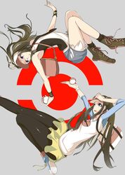  armpits bag bare_legs baseball_cap black_legwear blue_eyes boots brown_hair denim denim_shorts double_bun hat highres holding holding_poke_ball long_hair mei_(pokemon) multiple_girls outstretched_arm pantyhose poke_ball pokemon pokemon_(game) pokemon_bw pokemon_bw2 ponytail raglan_sleeves shoes shorts shoulder_bag skirt sneakers touko_(pokemon) twintails vest visor_cap wakamesan watch wristband wristwatch 