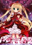  absurdres aquarian_age blonde_hair blush bow cross crystal dress flower frills fujima_takuya hair_bow hair_ornament heart highres jewelry long_hair long_sleeves red_dress rose solo standing star twintails two_side_up very_long_hair 