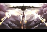  ac-130 airplane boots cloud creeper flare flying glowing glowing_eyes green_hair highres kitsune_(kazenouta) letterboxed looking_at_viewer military minecraft missile outstretched_arm personification red_eyes short_hair shorts wings 