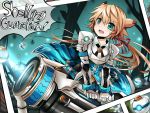 aqua_eyes armor blonde_hair cannon character_name chung elsword gloves huge_weapon long_hair male ponytail rudia smile solo surcoat weapon 