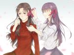  adult blue_eyes brown_hair fate/stay_night fate_(series) hair_ribbon long_hair matou_sakura mmm_(xbit) multiple_girls purple_hair ribbon siblings sisters tohsaka_rin toosaka_rin 