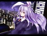  animal_ears building bunny_ears bust city crescent highres izayoi-saki letterboxed long_hair necktie purple_hair rabbit_ears red_eyes reisen_udongein_inaba smile solo touhou 