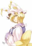  abo_(hechouchou) animal_ears blonde_hair breasts bust caesar_et_cleopatra fox_ears fox_tail hair_over_one_eye hands_in_sleeves hat jpeg_artifacts light_smile looking_at_viewer multiple_tails short_hair side_glance simple_background smile solo tabard tail touhou yakumo_ran yellow_eyes 