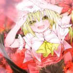  :d alternate_eye_color ascot autumn autumn_leaves blonde_hair blush bow breasts bust flandre_scarlet hat hat_bow karasawa-40 leaf open_mouth short_hair side_ponytail smile solo touhou wings yellow_eyes 