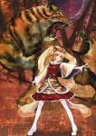  absurdres animal_ears blonde_hair brown_eyes dress highres holding kemonomimi_mode outstretched_arm polearm scan short_hair smile solo teeth thigh-highs thighhighs tiger tiger_ears tongue toramaru_shou touhou trident virus_(obsession) weapon white_legwear 