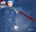  1boy blue_hair fate/stay_night fate_(series) gae_bolg lancer long_hair polearm ponytail red_eyes redradiata solo spear weapon 