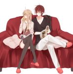  1boy 1girl amazuki_jou bloody_cross couch crossed_legs cup dress drinking glasses half_updo highres hinata_(bloody_cross) jewelry legs_crossed magazine necklace pillow sitting slippers thigh-highs thighhighs tsukimiya_(bloody_cross) 