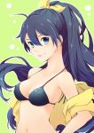  black_hair blue_eyes breasts ganaha_hibiki hanpen_(smilhappy) idolmaster long_hair navel ponytail shiny shiny_skin strap_gap swimsuit tongue 