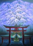  blue_hair bridge cherry_blossoms fox_mask grass highres hirotaka long_hair mask miwa_torii original shimenawa solo torii traditional_media tree watercolor_(medium) 