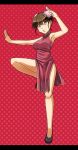  alternate_hairstyle alto-00 arm_up armpits brown_eyes brown_hair bun_cover china_dress chinese_clothes double_bun fighting_stance hair_up highres leg_up letterboxed polka_dot polka_dot_background red_background solo standing_on_one_leg taneshima_popura working!! 