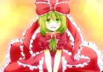  blush bow dress front_ponytail green_eyes green_hair hair_bow hair_ornament hair_ribbon ibaba kagiyama_hina long_hair looking_at_viewer open_mouth red_dress ribbon short_sleeves smile solo touhou v_arms 