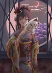  absurdres black_hair butterfly_hair_ornament cherry_blossoms cloud clouds crescent_moon fox_mask hair_ornament highres hirotaka japanese_clothes kimono kouhaku_nawa mask moon night night_sky obi original parted_lips red_eyes red_moon round_window sayagata sky solo tree window 