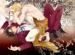  2boys barefoot blonde_hair blue_eyes bracelet brown_hair earrings facial_hair fate/zero fate_(series) gilgamesh goatee jewelry k29 multiple_boys necklace pants planted_sword planted_weapon sarong shirtless sword tohsaka_tokiomi toosaka_tokiomi weapon 