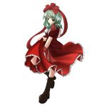  arm_ribbon blush boots bow cross-laced_footwear dress frills front_ponytail green_eyes green_hair hair_bow hair_ornament hair_ribbon kagiyama_hina long_hair mikago_kotaro red_dress ribbon simple_background skirt_hold solo touhou white_background 