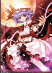  ascot bow capura_lin hat hat_bow highres moon petals puffy_sleeves purple_hair red_eyes red_moon remilia_scarlet scan scanlines short_hair short_sleeves sky solo touhou wings 