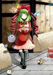  adapted_costume boots bow fire frills front_ponytail green_eyes green_hair hair_bow hair_ornament hair_ribbon holding_hair kagiyama_hina knee_boots long_hair long_sleeves monster nihimaru ribbon smile solo touhou walking 