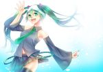  detached_sleeves green_eyes green_hair hanatako hatsune_miku long_hair navel necktie object_on_head open_mouth panties panties_on_head skirt solo thigh-highs thighhighs twintails underwear vocaloid 