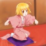  ahoge blonde_hair blush brown_eyes cushion haroukitei_kigurumi highres japanese_clothes joshiraku kimono kneeling looking_at_viewer motion_blur open_mouth short_hair socks sweatdrop tabi tam2 