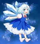  blue_dress blue_eyes blue_hair blush bow cirno dress fang hair_bow mokku open_mouth outstretched_arms short_hair smile socks solo touhou wink 