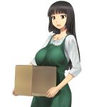  a1 amado_yuu apron bangs black_hair blunt_bangs box breasts brown_eyes cardboard_box character_request copyright_request hime_cut large_breasts long_hair open_mouth parts_no_pa simple_background solo white_background 